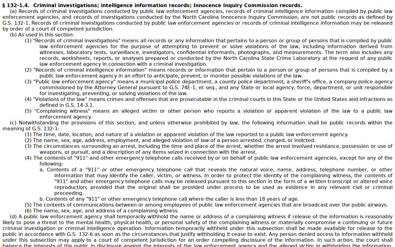 North Carolina law governing Gates County arrest information