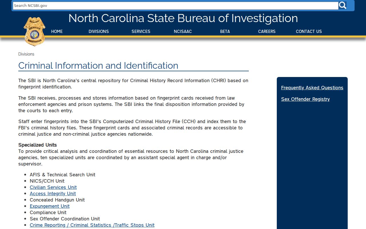 NCSBI Criminal Information and Identification repository page