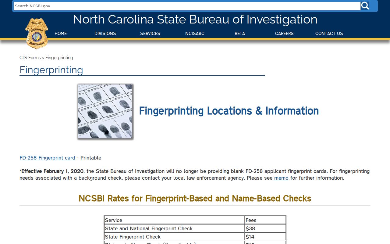 Gates County criminal history fingerprint instructions from NCSBI
